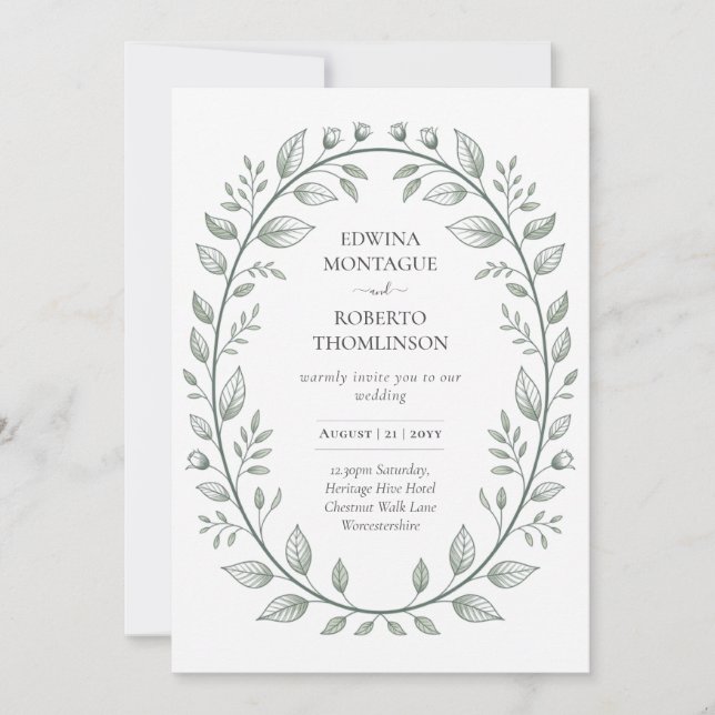 Invitación Heritage Green Leaf Botanical Classic Wedding (Anverso)