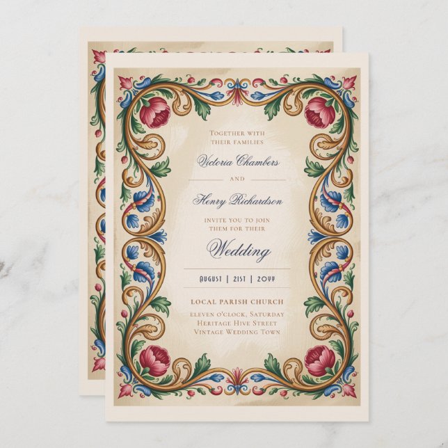 Invitación Heritage | Medieval Renaissance Gold Jewel Wedding (Anverso / Reverso)