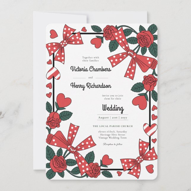 Invitación Heritage | Retro 1950s Rockabilly Red Rose Wedding (Anverso)
