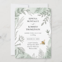 Invitación Heritage Sage Botanical Bee Wedding