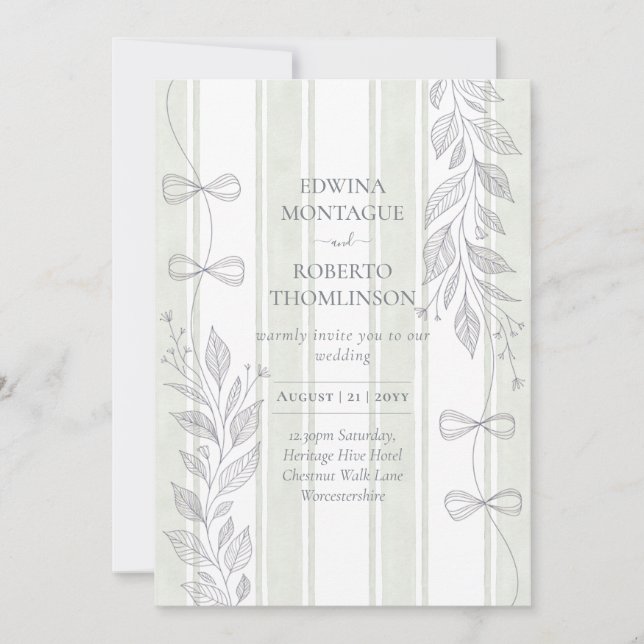 Invitación Heritage Sage Botanical Ribbon Line Bows Wedding (Anverso)