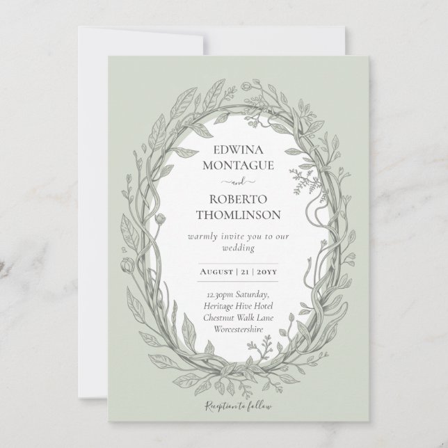 Invitación Heritage Sage Green Botanical Wreath Elegant Weddi (Anverso)