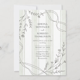 Invitación Heritage Stripe & Line Art Botanical Ribbon Weddin