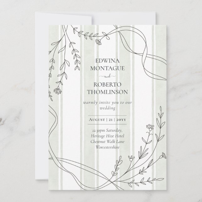 Invitación Heritage Stripe & Line Art Botanical Ribbon Weddin (Anverso)