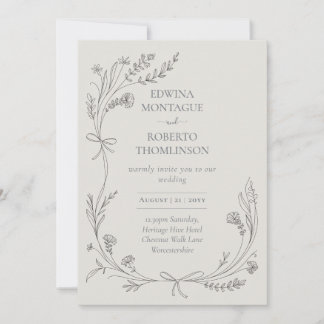 Invitación Heritage Wildflower and Ribbon Line Art Elegant We