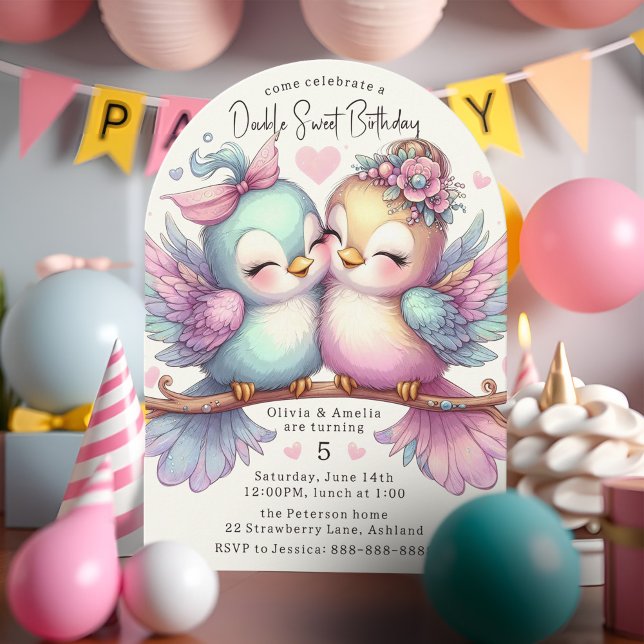Invitación Hermanas de Aves Adorables Pastel Doble Cumpleaños (Adorable pastel birds twin sisters double birthday party invitation, girly pink purple and aqua blue)