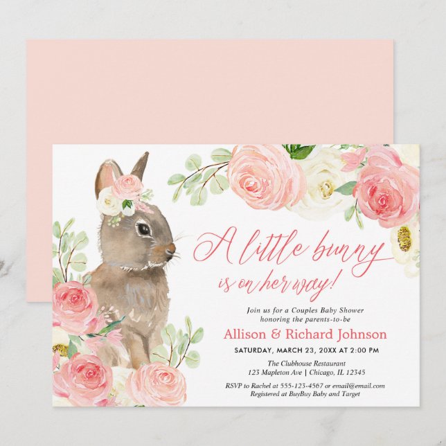 Invitación Hermanas de conejito rosado de Pascua de Rubor lin (Anverso / Reverso)