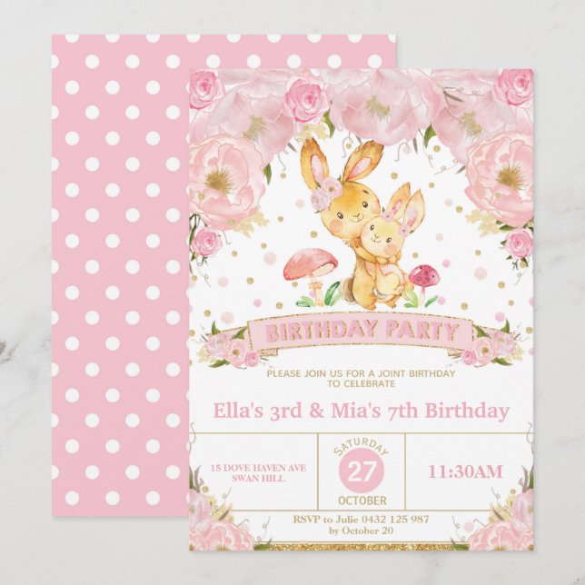 Invitación Hermanas de la fiesta de cumpleaños de Bunny Rabbi (Anverso / Reverso)
