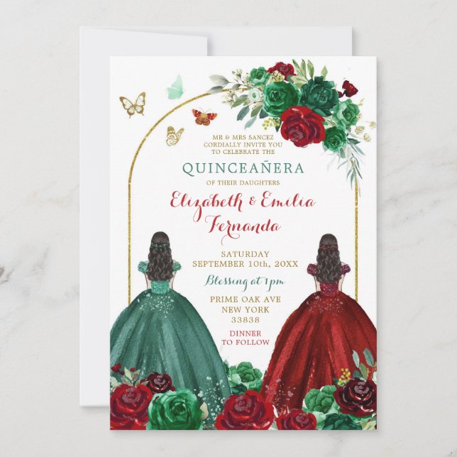 Invitación Hermanas gemelas Cazan Rosa Roja Verde Quinceañera (Anverso)