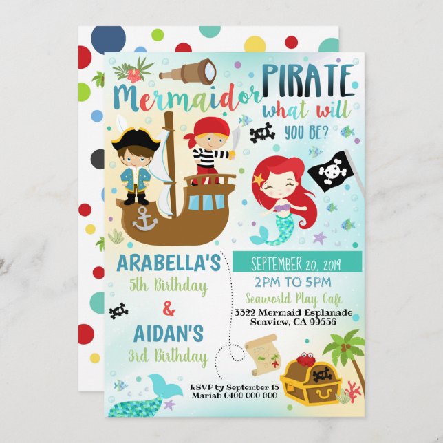 Invitación Hermano Hermana Pirata Sirena Niño Niña (Anverso / Reverso)