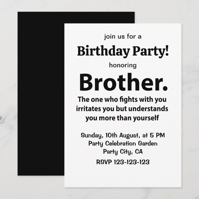 Invitación Hermano Tipografía Fiesta de Cumpleaños Hermano (Anverso / Reverso)