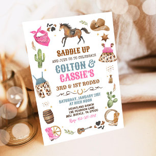 Invitación Hermano vaquero vaquera Azul Rosa 1er fiesta de ro