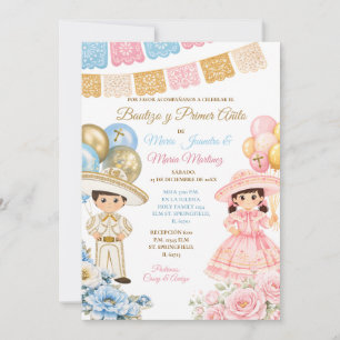 Invitación Hermanos Azul y Rosa Bautizo y primer añito Floral