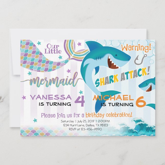 Invitación Hermanos de la fiesta de cumpleaños de la sirena d (Anverso)