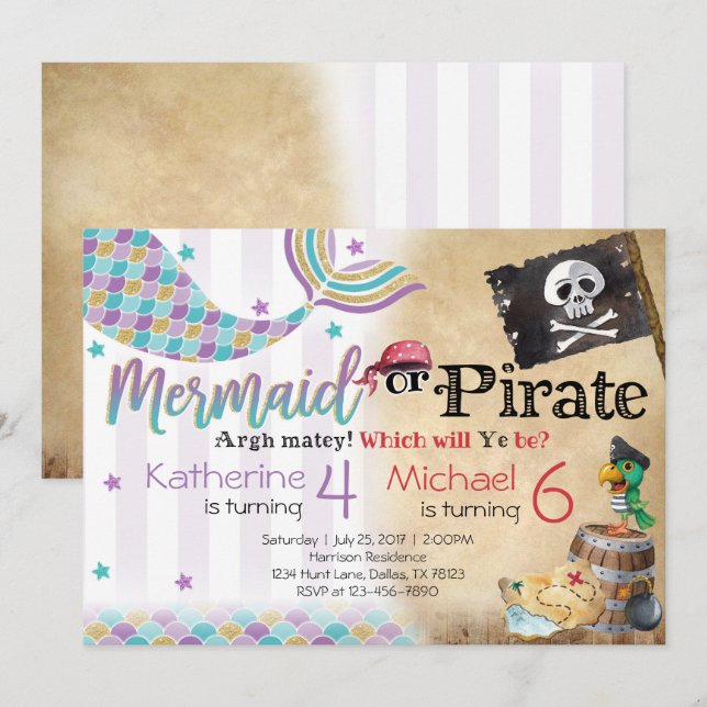 Invitación Hermanos de la fiesta de cumpleaños de Mermaid Pir (Anverso / Reverso)