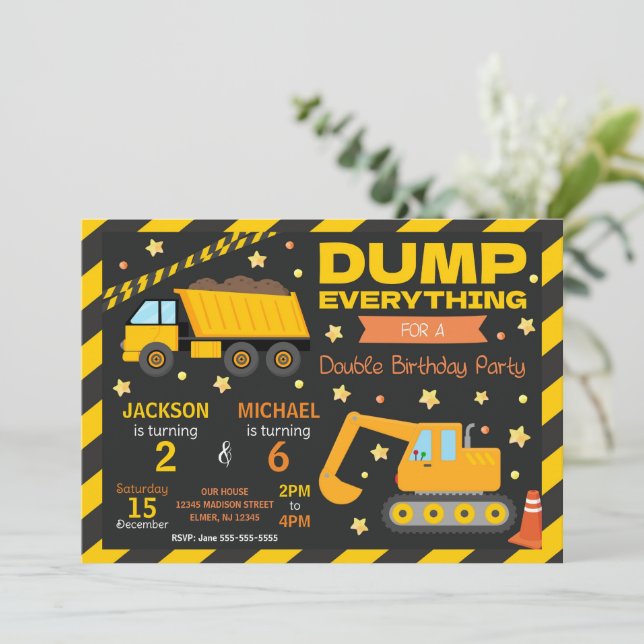 Invitación Hermanos Niño de la Construcción Cumpleaños Conjun (Anverso de pie)