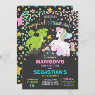 Invitación Hermanos Unicornio Y Dragón Invitados A Cumpleaños