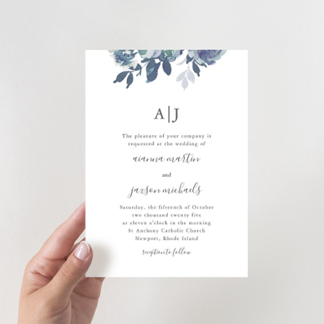 Invitación Hermosa acuarela azul Floral Monograma Boda (Subido por el creador)