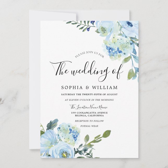 Invitación Hermosa acuarela azul Flores Boda moderno (Anverso)