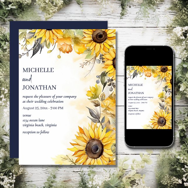 Invitación Hermosa acuarela Boda floral de girasol (Printed and Digital - Beautiful Watercolor Sunflower Floral Wedding Invitation)