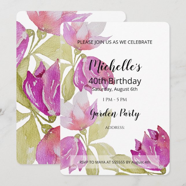 Invitación Hermosa acuarela de flores rosas pintadas a mano (Anverso / Reverso)