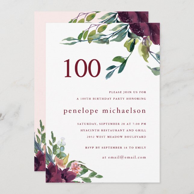 Invitación Hermosa acuarela Floral 100 cumpleaños (Anverso / Reverso)