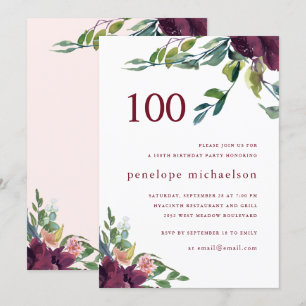 Invitación Hermosa acuarela Floral 100 cumpleaños