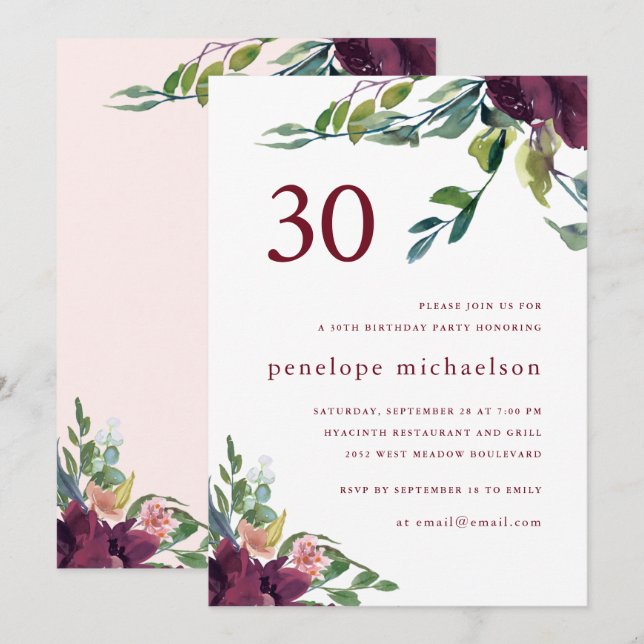 Invitación Hermosa acuarela Floral 30 cumpleaños (Anverso / Reverso)