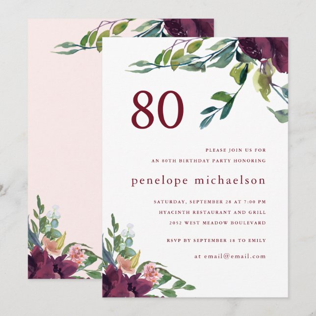 Invitación Hermosa acuarela Floral 80 cumpleaños (Anverso / Reverso)