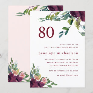 Invitación Hermosa acuarela Floral 80 cumpleaños
