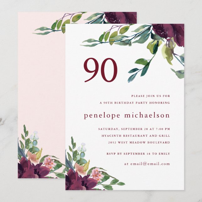 Invitación Hermosa acuarela Floral 90 cumpleaños (Anverso / Reverso)
