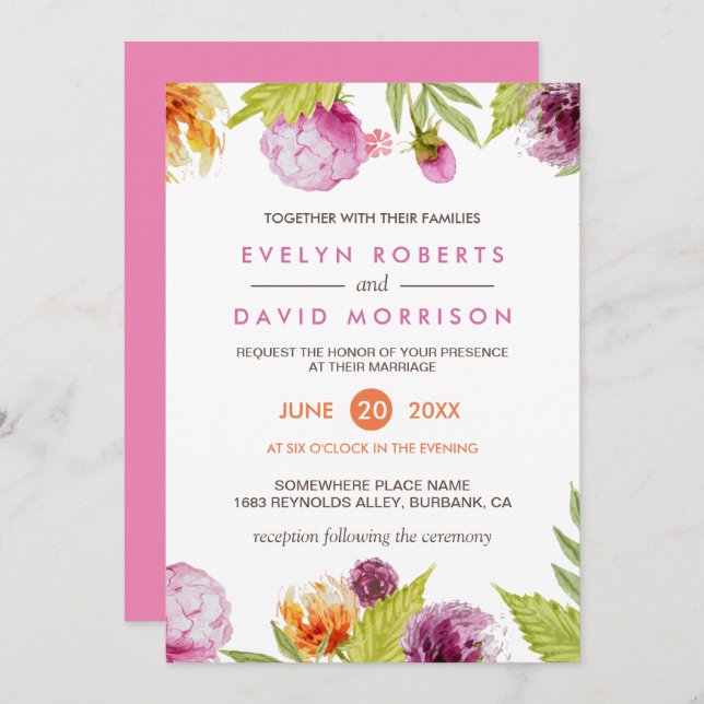 Invitación Hermosa acuarela Floral Blossom Boda formal (Anverso / Reverso)