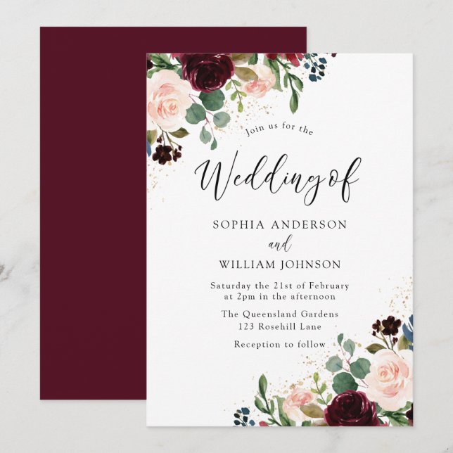 Invitación Hermosa acuarela floral Boda de Borgoña (Anverso / Reverso)