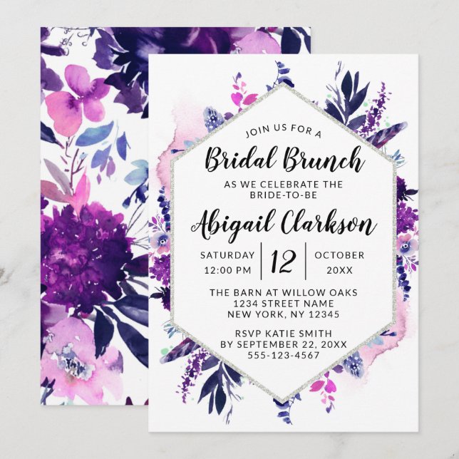 Invitación Hermosa acuarela floral, ducha de brunch de novia (Anverso / Reverso)