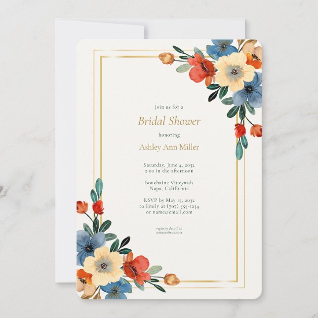 Invitación Hermosa acuarela floral ducha de novia (Anverso)