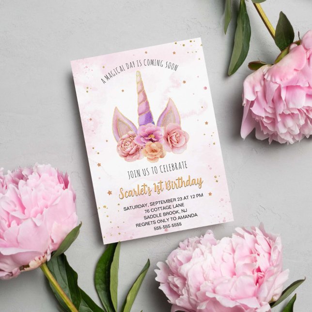 Invitación Hermosa acuarela Floral Unicornio Cumpleaños (Subido por el creador)