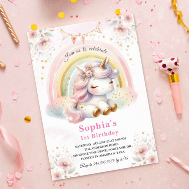 Invitación Hermosa acuarela Floral Unicornio cumpleaños (Subido por el creador)