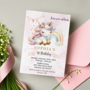 Invitación Hermosa acuarela Floral Unicornio cumpleaños