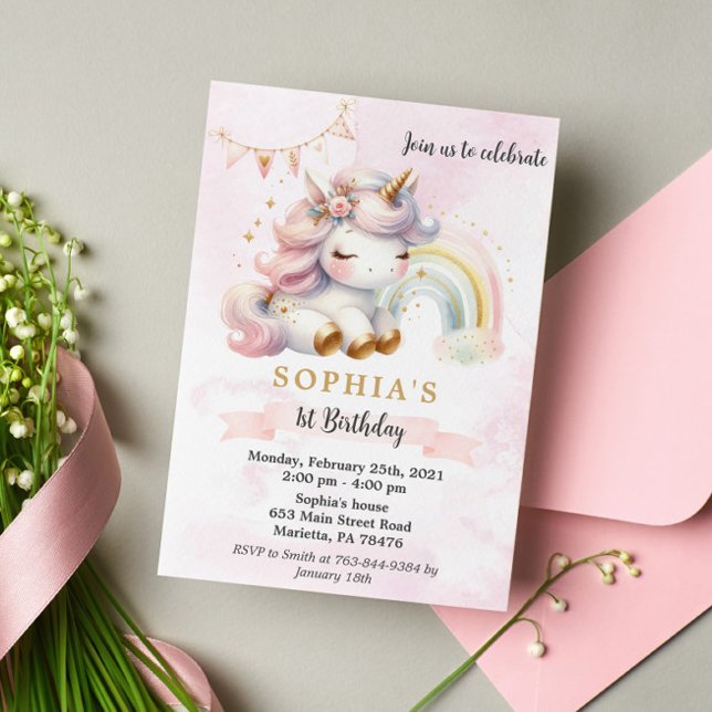 Invitación Hermosa acuarela Floral Unicornio cumpleaños (Subido por el creador)