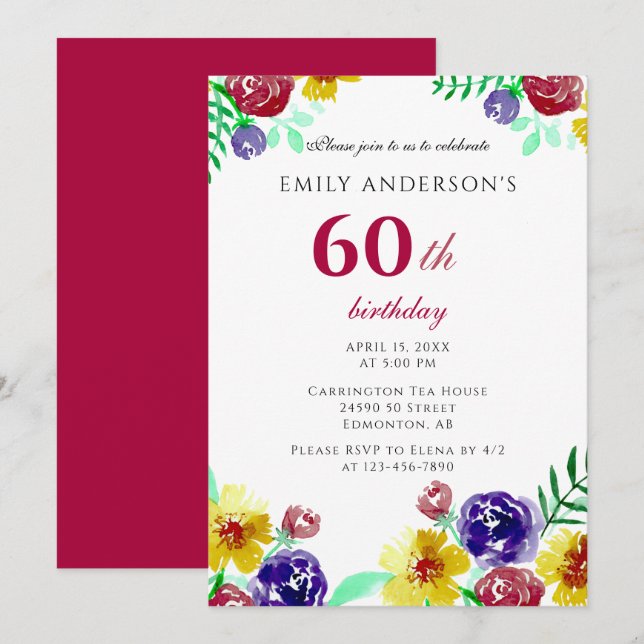 Invitación Hermosa acuarela Flores 60 Años Mujer (Anverso / Reverso)