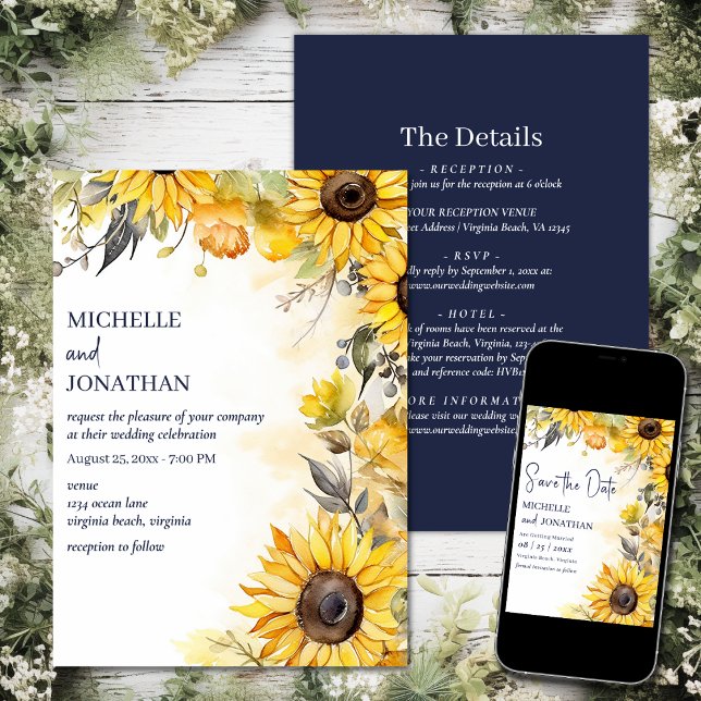 Invitación Hermosa acuarela girasol todo en un Boda (Printed and Digital - Beautiful Watercolor Sunflower All in One Wedding Invitation)