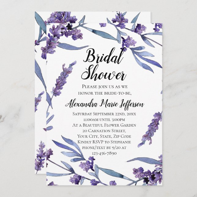 Invitación Hermosa acuarela Lilac Elegante Ducha Bridal (Anverso / Reverso)