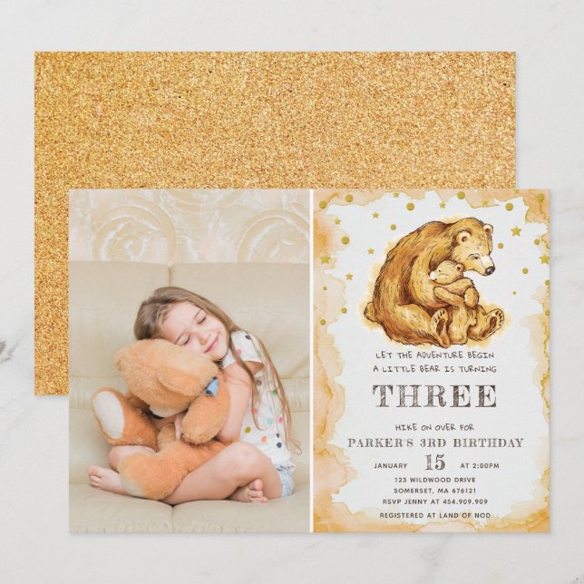 Invitación Hermosa acuarela Oso Fotos de cumpleaños (Anverso / Reverso)