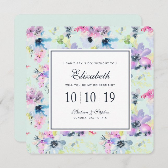 Invitación Hermosa acuarela pastel floral - niñera (Anverso / Reverso)