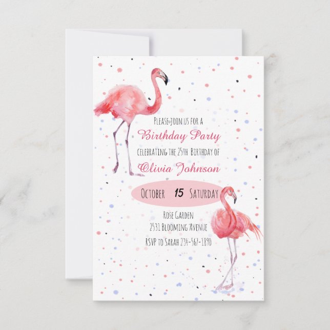 Invitación Hermosa acuarela rosa Flamingo (Anverso)