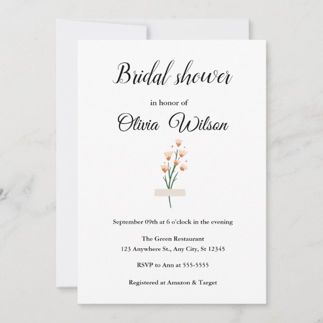 Invitación Hermosa acuarela rosa Flor silvestre ducha de novi (Anverso)