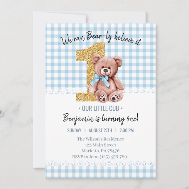 Invitación Hermosa acuarela Teddy Bear 1er cumpleaños (Anverso)