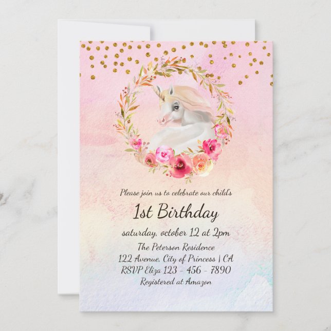 Invitación Hermosa acuarela unicornio Floral primer cumpleaño (Anverso)