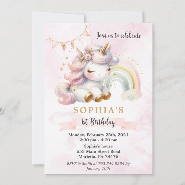 Invitación Hermosa acuarela Unicornio y cumpleaños arcoiris (Anverso)