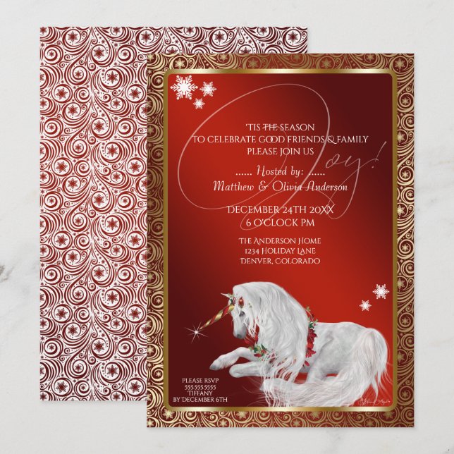 Invitación Hermosa alegría de Unicorn Navidades de fantasía (Anverso / Reverso)